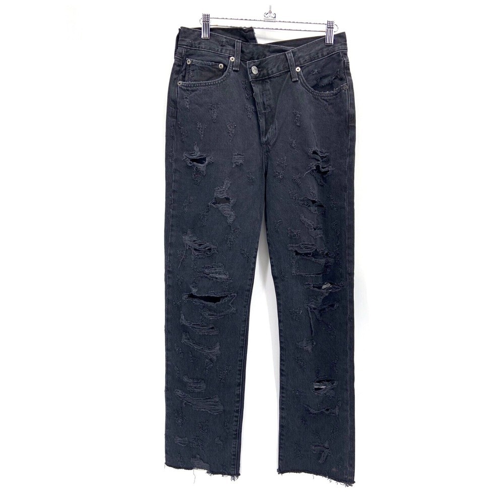 Agolde Womens 28 Criss Cross Jeans Straight Destroyed Black Raw Hem Rigid Button - Picture 2 of 12